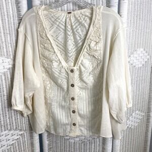 Free People Ivory Crochet-Front Button Back Blouse medium